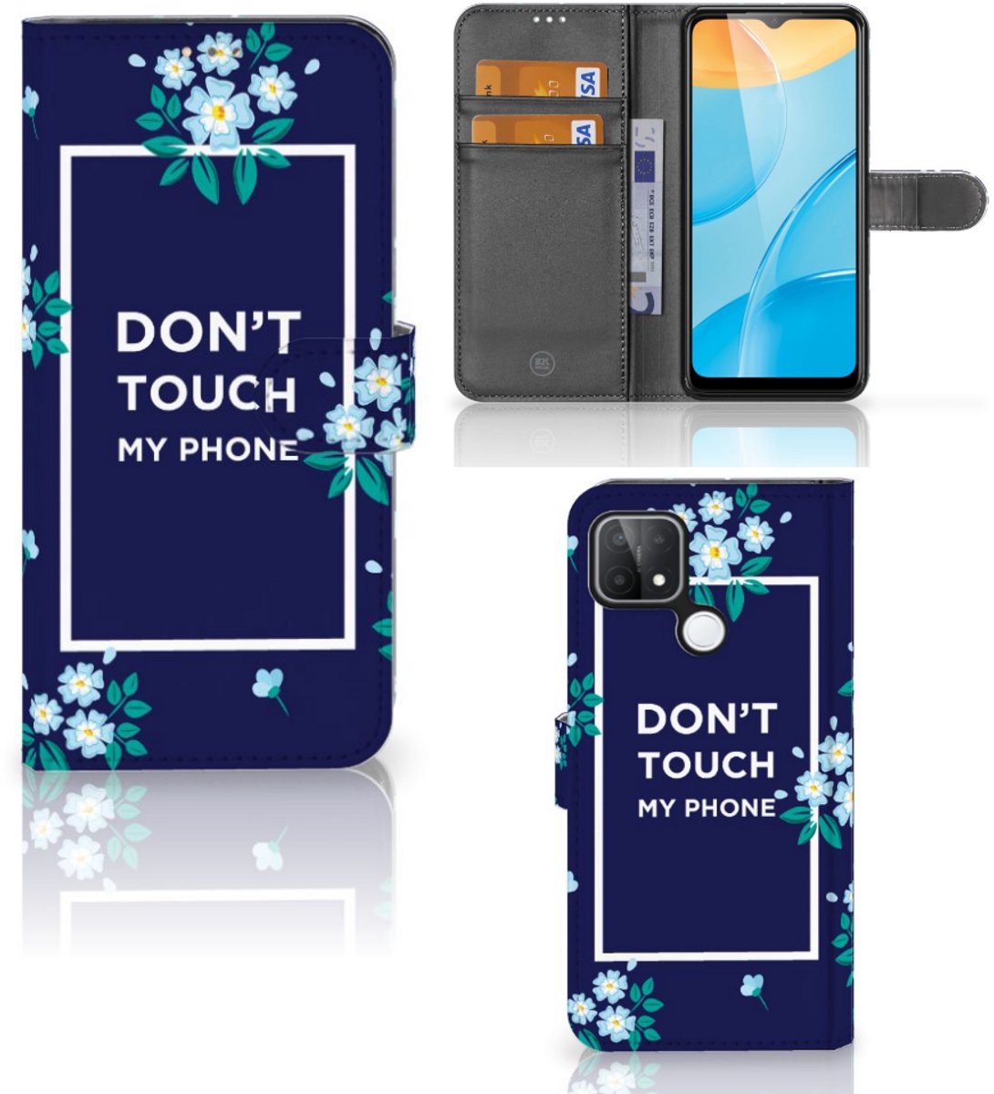OPPO A15 Portemonnee Hoesje Flowers Blue DTMP