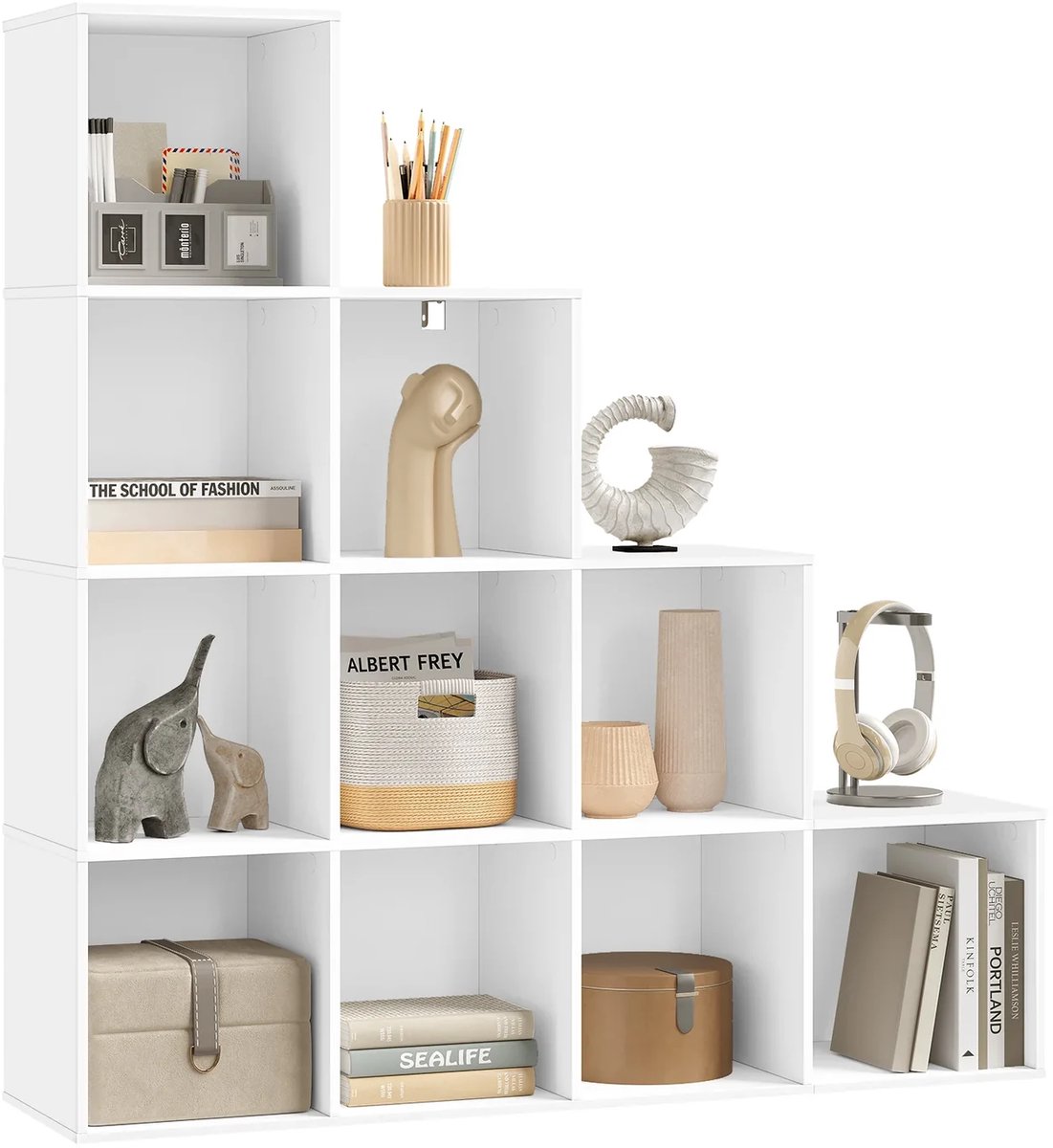 BukkitBow - Moderne Trapkast Boekenkast met 10 Open Vakken - L-Vormig Design - Wit