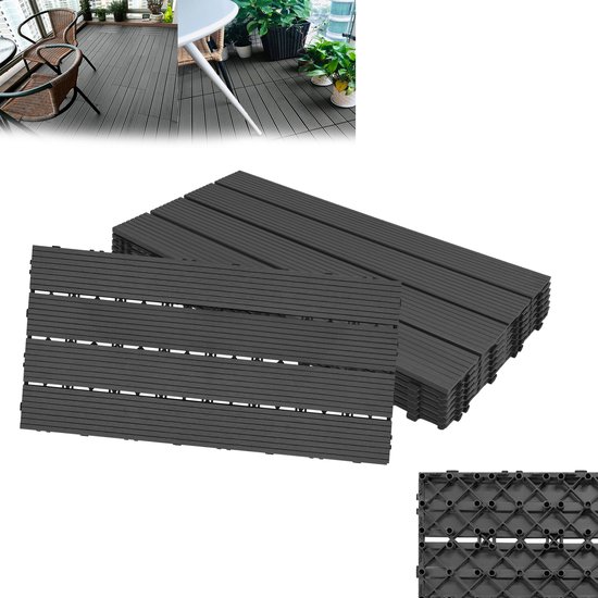 Froadp 30 stuks WPC-tegels 30 x 60 cm, WPC-kliktegels, 5 m², balkontegels, terrastegels, tegels met houtlook, terrasplanken voor balkon, antraciet