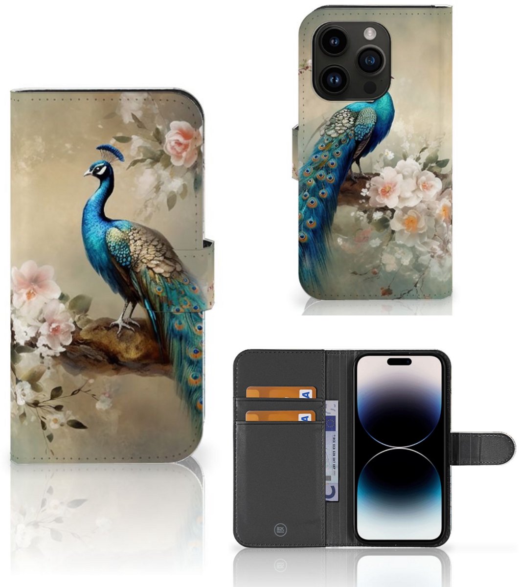 Telefoonhoesje met Pasjes voor iPhone 15 Pro Vintage Pauwen