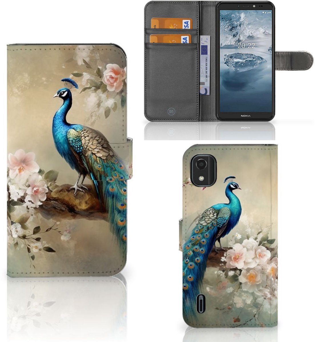 Telefoonhoesje met Pasjes voor Nokia C2 2nd Edition Vintage Pauwen