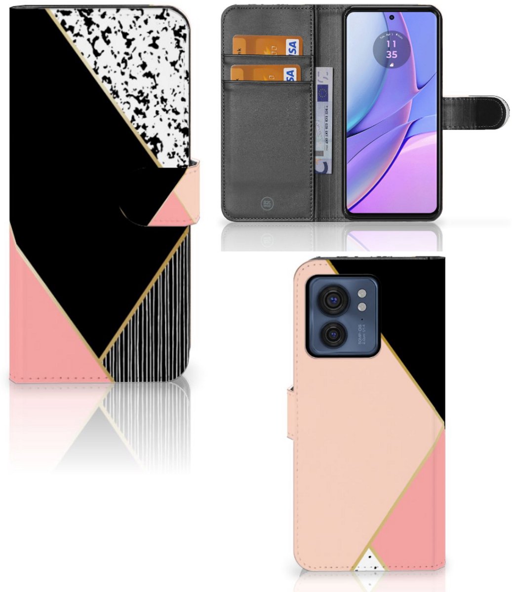 Motorola Edge 40 Book Case Zwart Roze Vormen