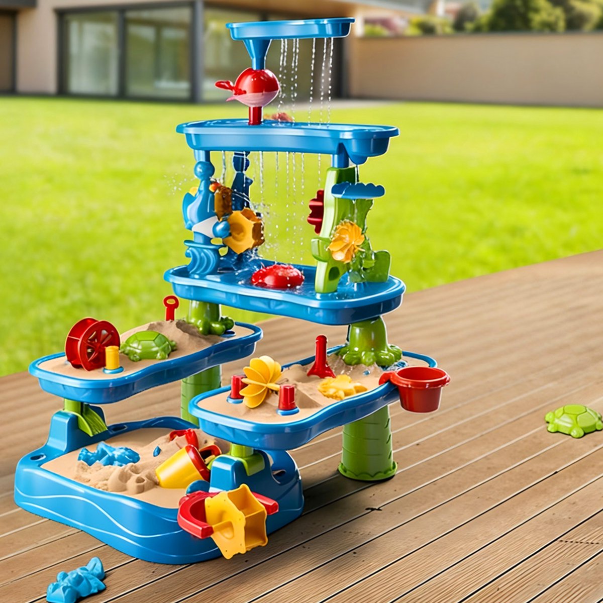 Kiddel XXL Watertafel/Zandtafel Kind – 4in1 Speeltafel – 4 Verdiepingen – Incl. Schepjes, Gietertjes & Zandvormpjes – Buitenspeelgoed — afbeelding 4