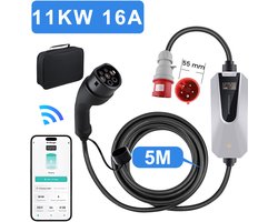 Junsun EV Mobiele Thuislader 11kW met APP - Laadkabel Type 2 - Schuko - WiFi - 3 Jaar garantie - 16A 3-fase 5M Laadkabel - 400V EV-oplader met LCD Digitaal Display - IP65 Regenbestendig - Geschikt voor Elektrische Auto's – Incl. luxe tas