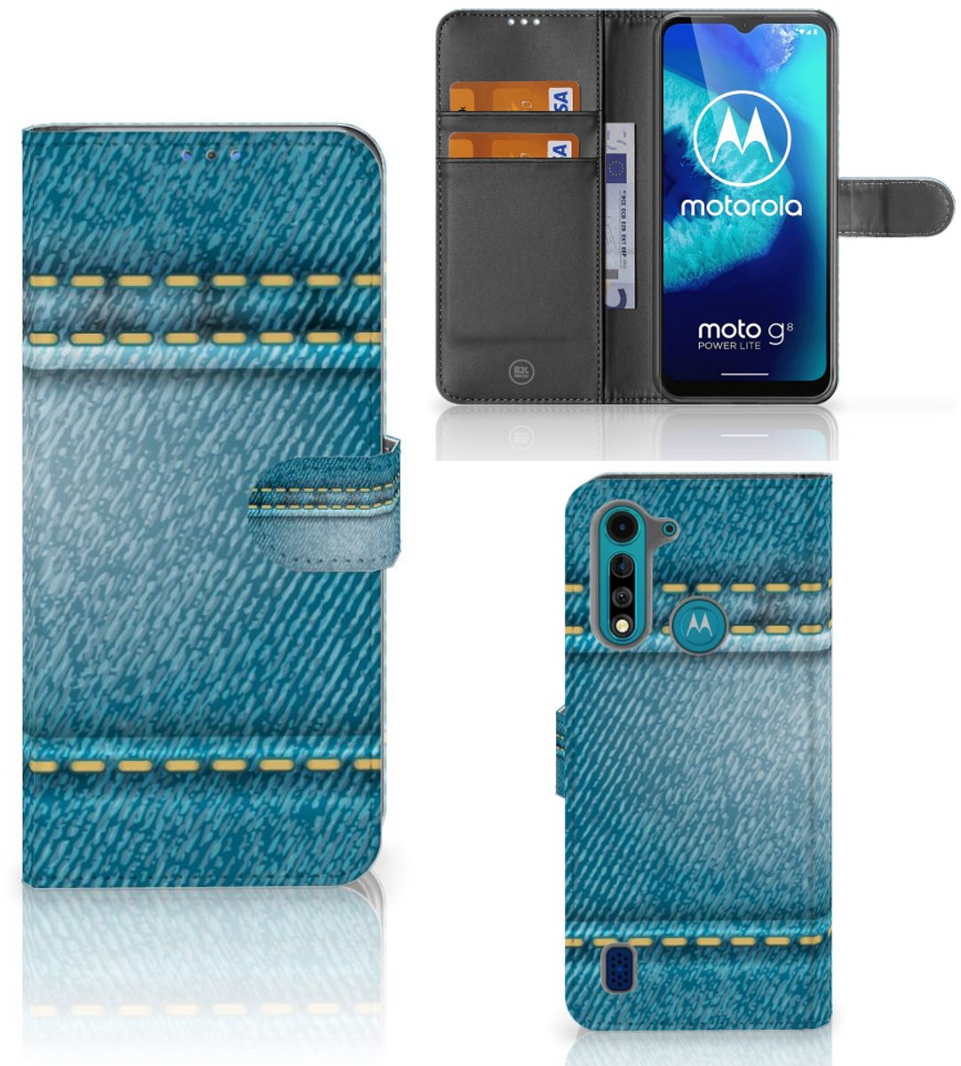 Book Case voor Motorola G8 Power Lite Wallet Case met Pasjes Jeans