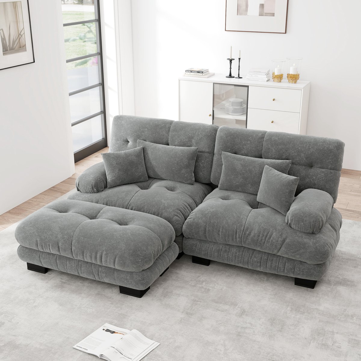 Sweiko 2-zitsbank - Chenille - Modulaire bank - 4 kussens - Met voetenbankje - Grijs