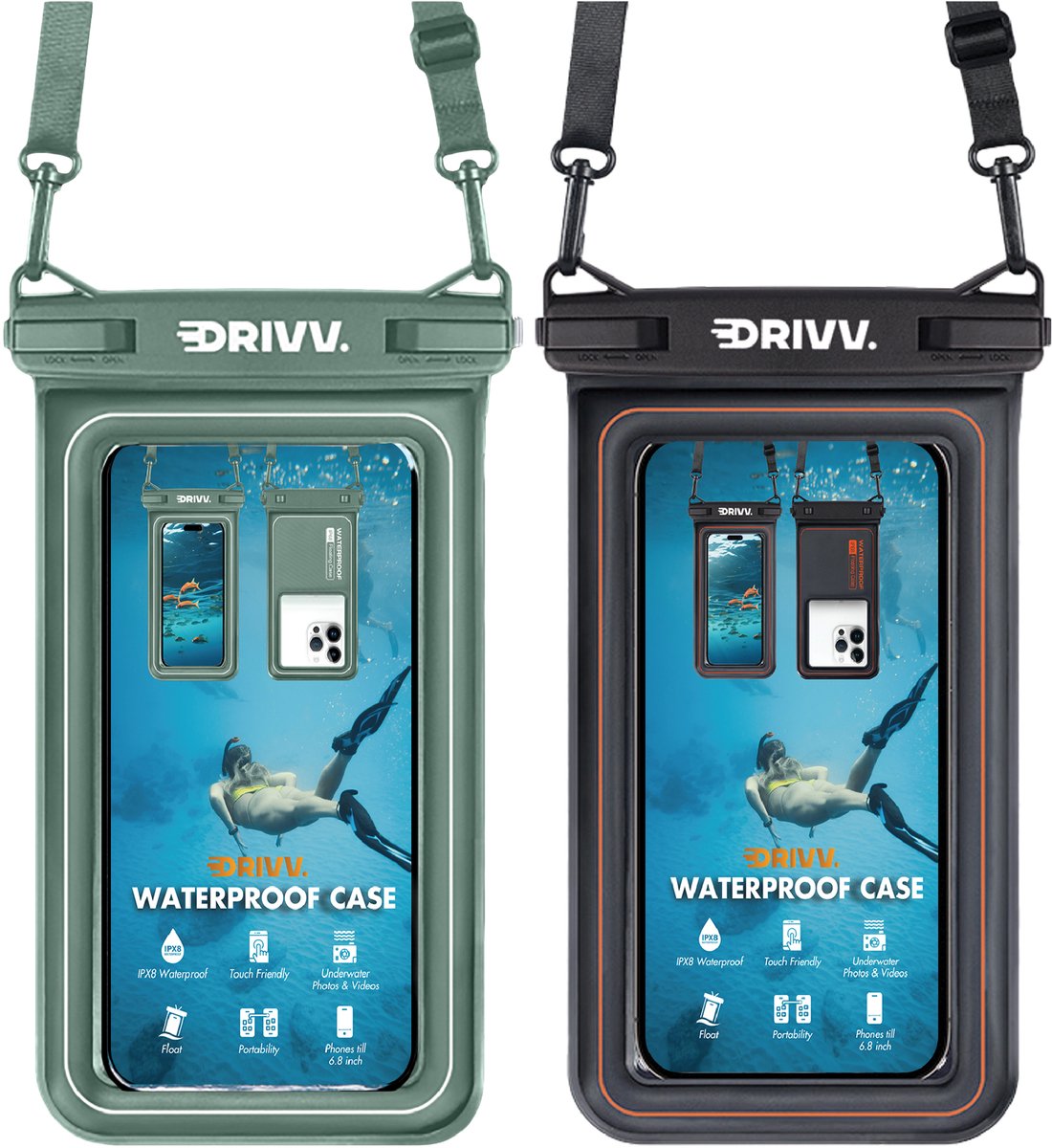 Drivv. Luxe Waterdicht Telefoonhoesje - Set van 2 – Drijvend - Dubbele Klipsluiting - Telefoons tot 6.8 inch – Onderwater Hoesje Telefoon - Zwart & Legergroen