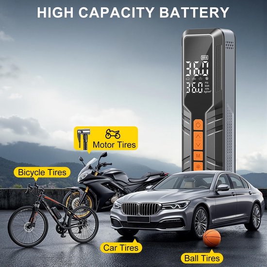 Fietspomp - Fietspomp elektrisch - Elektrische luchtpomp - Draagbare luchtcompressor voor autobanden - LCD-scherm - 6000 mAh accu en LED-verlichting - Draadloze draagbare luchtcompressor voor auto's - Motoren - Fietsen en ballen — afbeelding 4