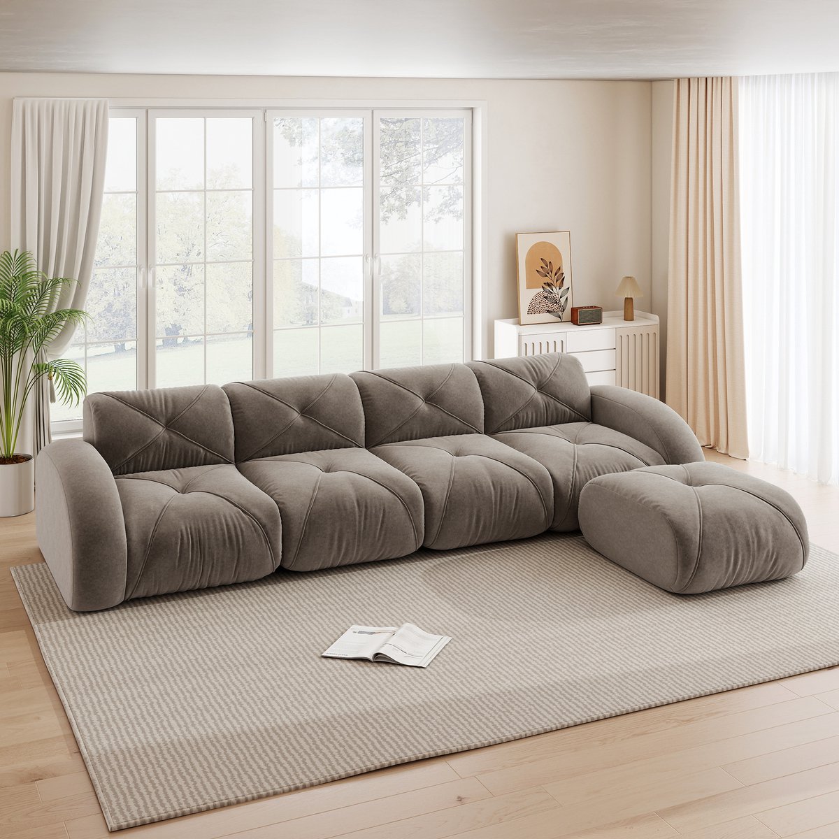 Zubaliya L-Bank, 4-Zitsbank, L-vormige Fauteuil, Modulaire Bank, 4-zits Hoekbank Geschikt voor Woonkamer, Antislip Onderkant, Geen Montage Nodig, Modulaire Bank met Voetsteun,Bruin