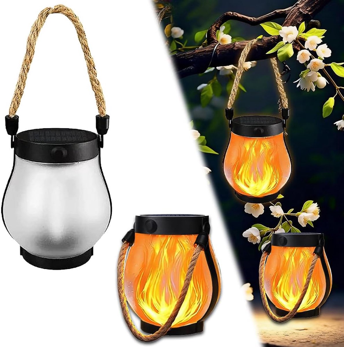 Zonne Lantaarns - Buitenlampen Tuin - Sfeerverlichting Terras - Realistische Vlam - 12x12x