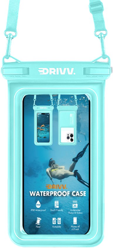 Turquoise Drivv. waterdichte telefoonhoes met draagkoord. Toont telefoon met onderwaterafbeelding van duikers en vissen. IPX8 waterdicht, drijvend.