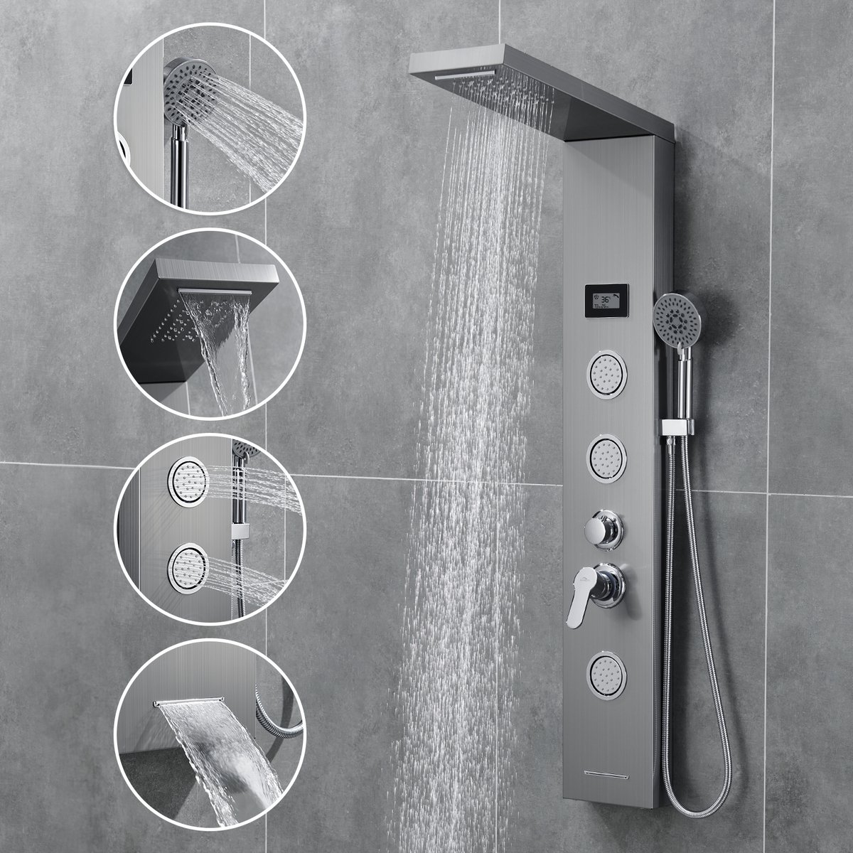 Lonheo - Digitale Douchepaneel met mengkraan - Luxe Regendouche - LCD Display - Douchepaneel LED RVS met massagejets - 3 functies Handdouche - Douche Combinatie Set - Zilver