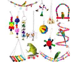 14pcs Bird Parrot Toys Cage Hanging Bell Ball Hammock Swing Ladder Toys Pet Bird Mirror Scooter Chew Sticks Wooden Toys for Parrots Parakeets Birds Finches