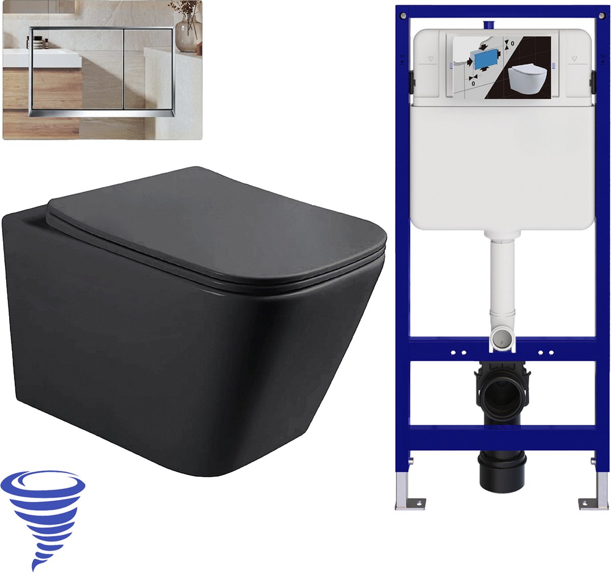 LOMAZOO Hangtoilet met Inbouwreservoir - Vierkant Zwart - Drukplaat Vierkant Chroom - Linea