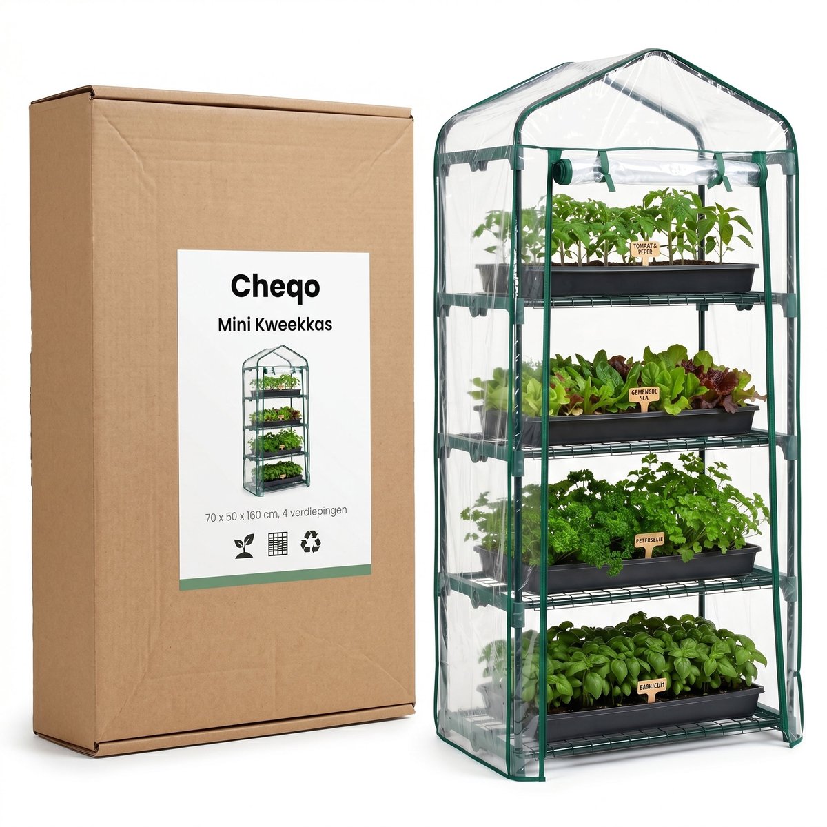 Cheqo® Broeikas - Kweekkas - Mini Kweekkas voor Balkon en Tuin - Tuinkas - Foliekas - Plantenkas - Miniserre - Serre - Tomatenkas - Moestuin - Kweekhuis - 4 Verdiepingen - Groente Kweken - Weerbestendig - Compacte Kas voor Terras en Balkon – foto 6