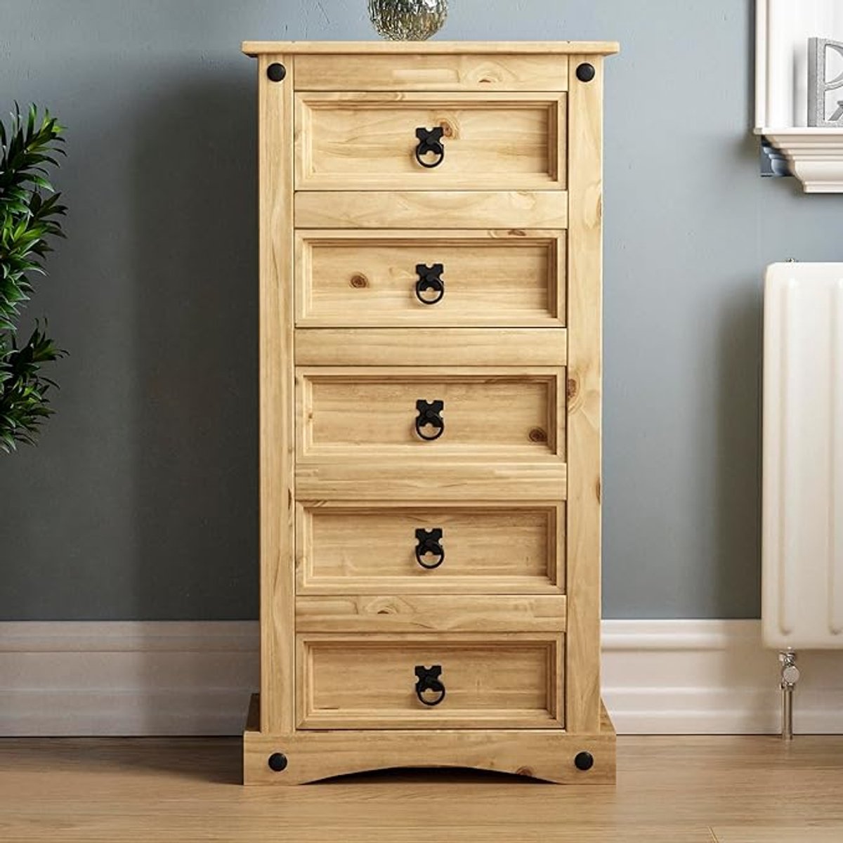 Smal Vintage Grenen Commode met 5 Laden – Massief Houten Opbergkast 95 cm Hoog – Rustieke Slaapkamer Ladekast – Mobili Bella
