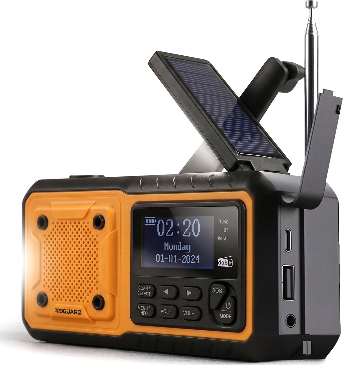 ProGuard DAB+ Noodradio - Solar, Opwindbaar & Batterijen - Powerbank, Zaklamp & USB-C - FM & Bluetooth