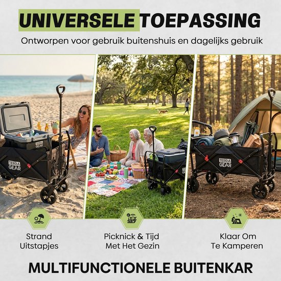 TerraGear Bolderkar met duwstang - Opvouwbaar - Tot 100KG - Inclusief rem - 96L van Merkloos — afbeelding 2