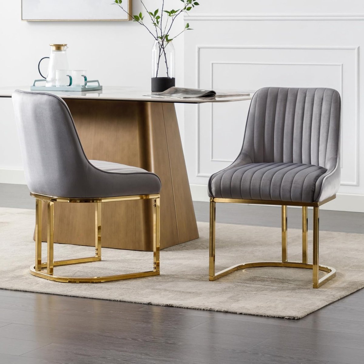 Eetkamerstoelen Set van 2 Fluweel - Gestoffeerde Stoelen met Metalen Poten, Armloze Woonkamerstoelen en Bureaustoelen grijis- 47x53x79 cm - Vermissen