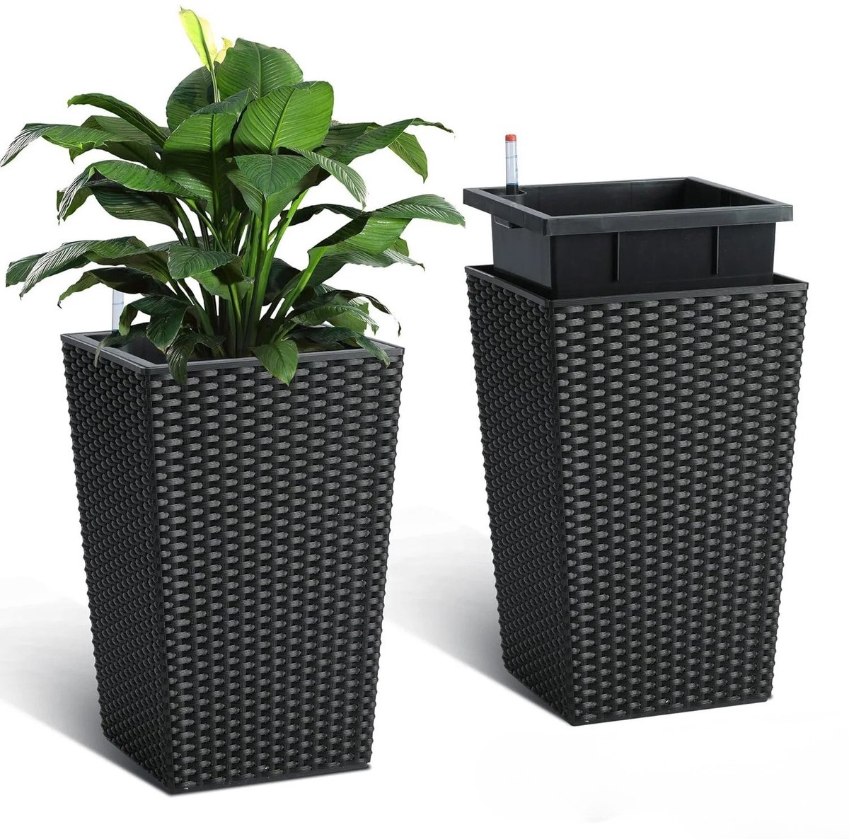 Geargalaxy Bloempotten - Sierpotten - Plantenbakken - Decoratieve potten - Plantenbak - Zelfwatergevend - 2 Stuks - Kunststof - Zwart