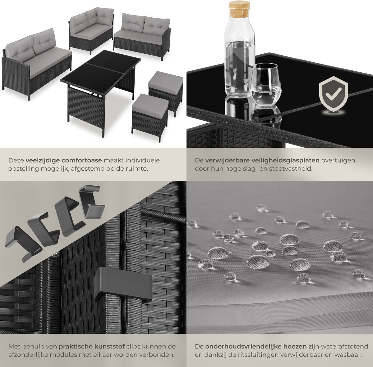 tectake® Loungeset Barletta - 6 tot 8 Personen - Modulaire Tuinset met Loungebank, Kruk en Tuintafel - Tuinmeubels - Balkonmeubel - 5-delige Zitgroep - Inclusief Kussens - Ideaal voor Tuin, Terras en Balkon - Zwart met Grijze Kussens thumbnail 4