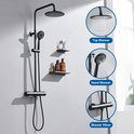 Zwarte doucheset met thermostaat, douchekop en handdouche, met detailweergaven van boven-, handdouche en mixer.