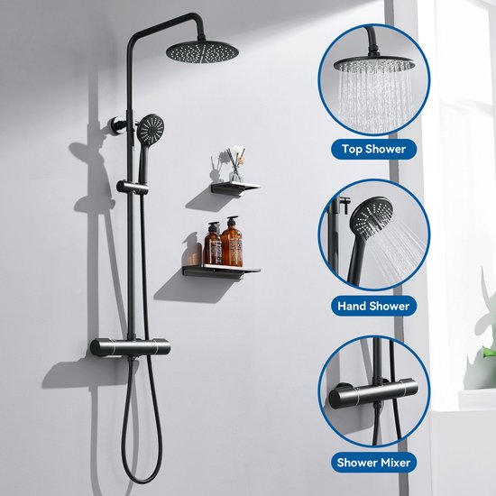 Zwarte doucheset met thermostaat, douchekop en handdouche, met detailweergaven van boven-, handdouche en mixer.