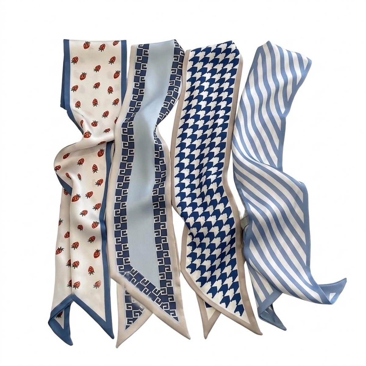 Blauw wit haarsjaal dames lange lint sjaal set grafisch patroon strepen bloemen print smalle haar sjaal accessoires set 4 stuks