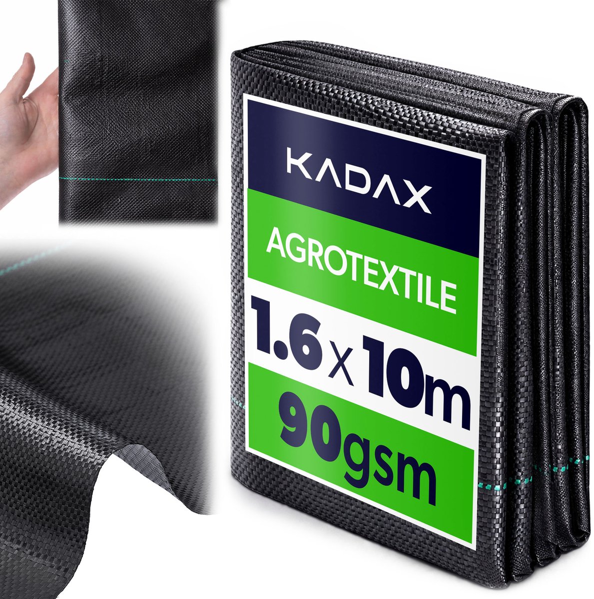 KADAX onkruiddoek 1,6 x 10 m, 90 g/m², scheurvast tuinzeil van polypropyleen, waterdoorlatend tuinzeil voor effectieve onkruidbestrijding, plantenzeil (zwart)