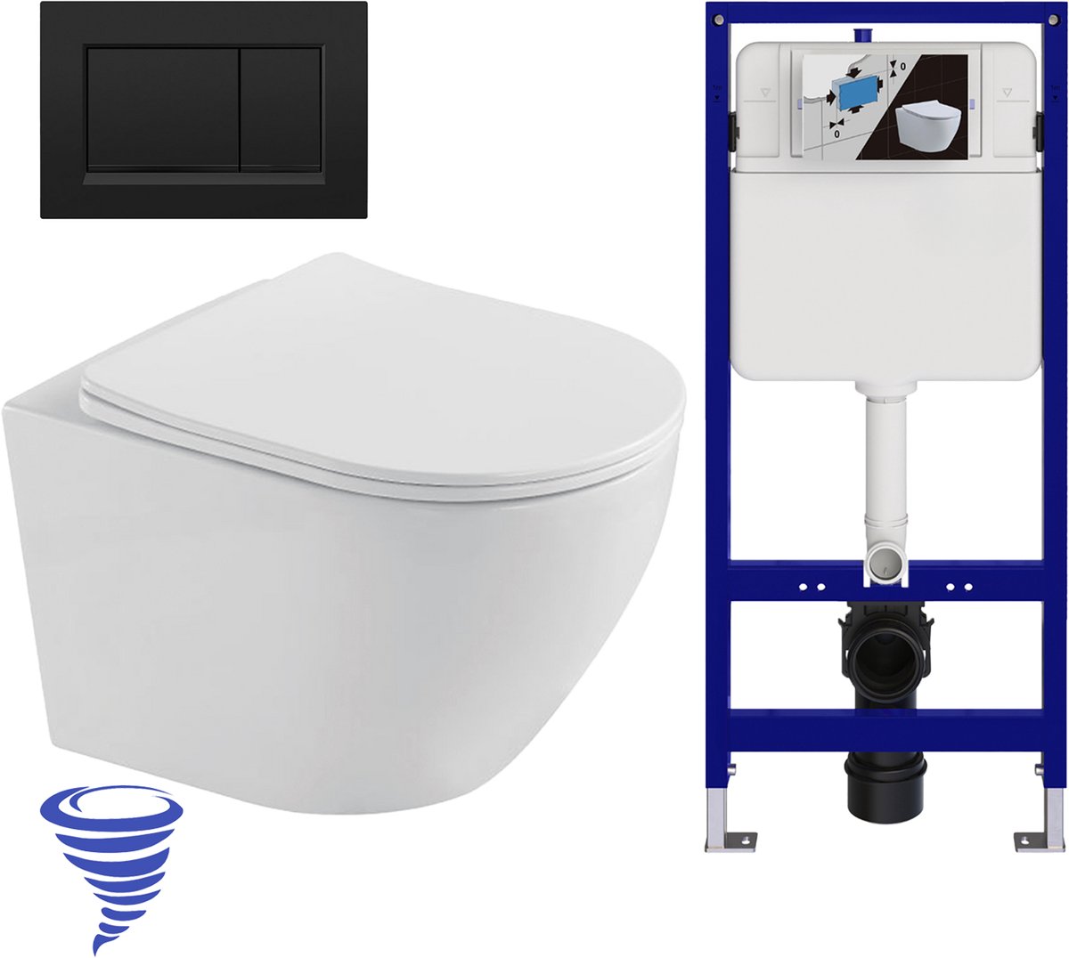 LOMAZOO Hangtoilet met Inbouwreservoir - Rond Wit - Drukplaat Vierkant Zwart - Linea