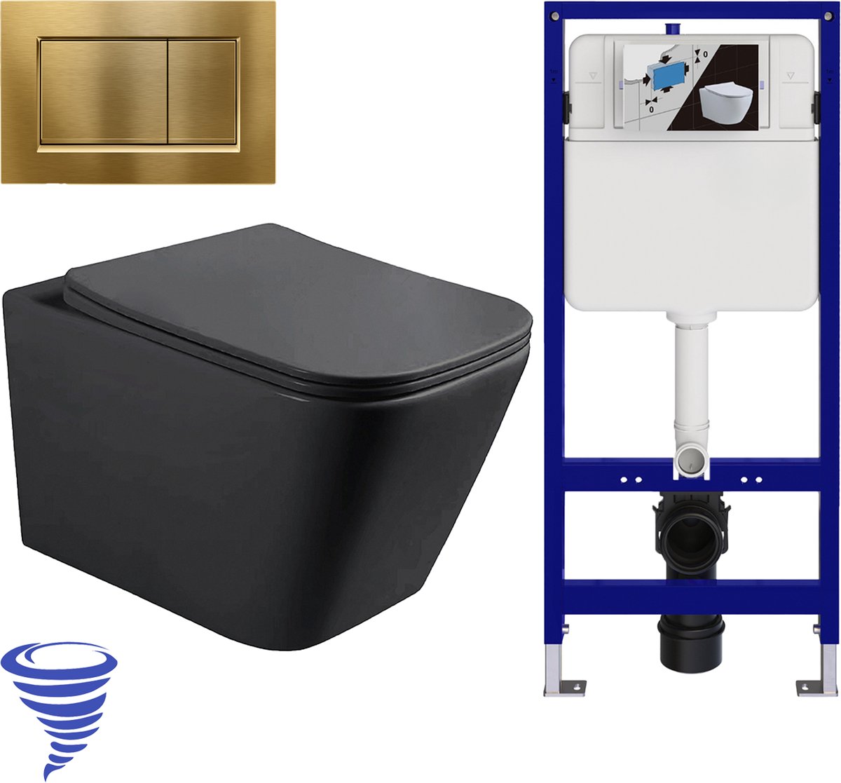 LOMAZOO Hangtoilet met Inbouwreservoir - Vierkant Zwart - Drukplaat Vierkant Goud - Linea