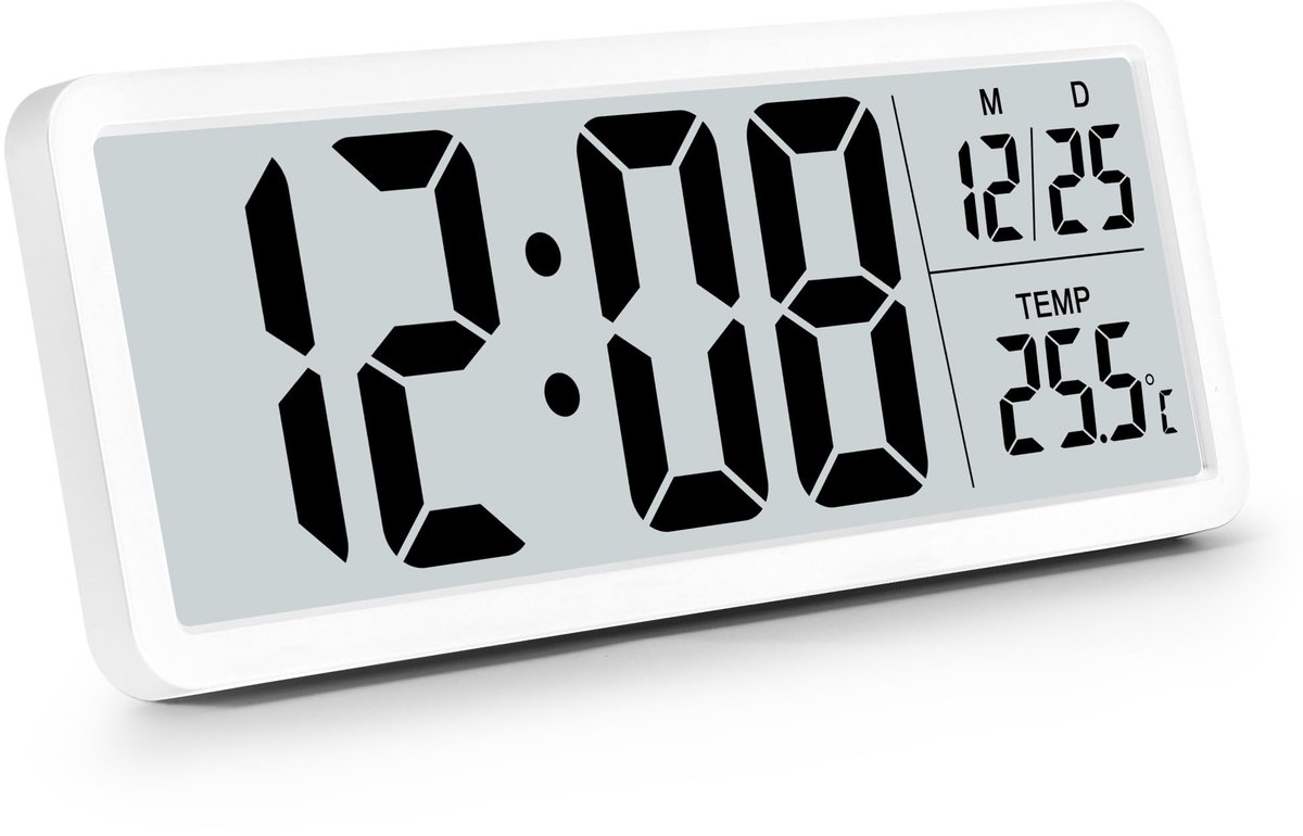 carmdering - Digitale wekker - Digitale klok - Digitale wandklok - groot display met datum en temperatuur - batterij of USB, wand of tafel - stil, geen getik - Wit, ideaal voor slaapkamer en kantoor