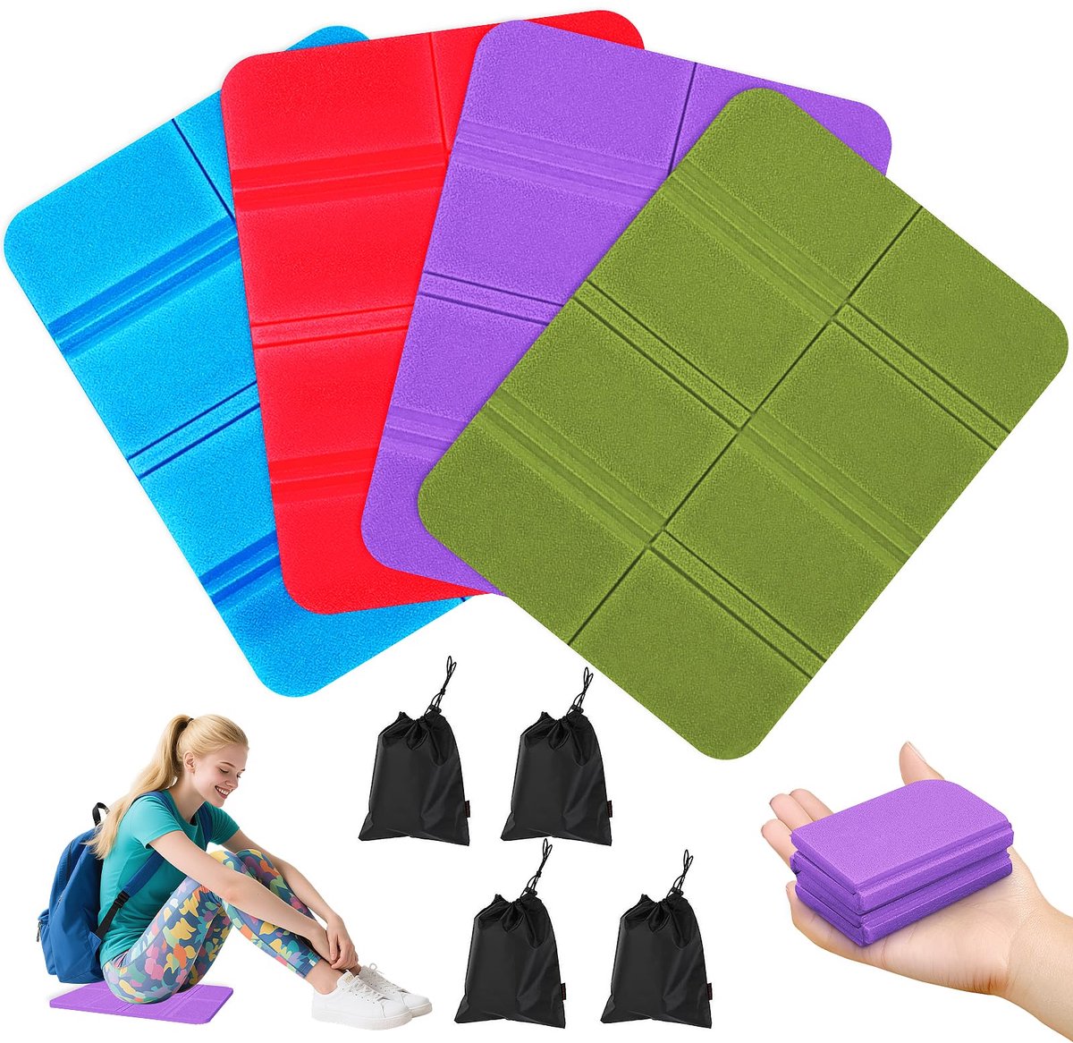 carmdering - Zitmatje - Geïsoleerde Zitmat - Zitkussen - Set van 4, opvouwbaar XPE-schuim, waterdicht en warmte-isolerend - Lichtgewicht (30g) - Perfect voor picknick, camping, stadion, wandelen en vissen - ingeklapt 13,5×9,5×5 cm