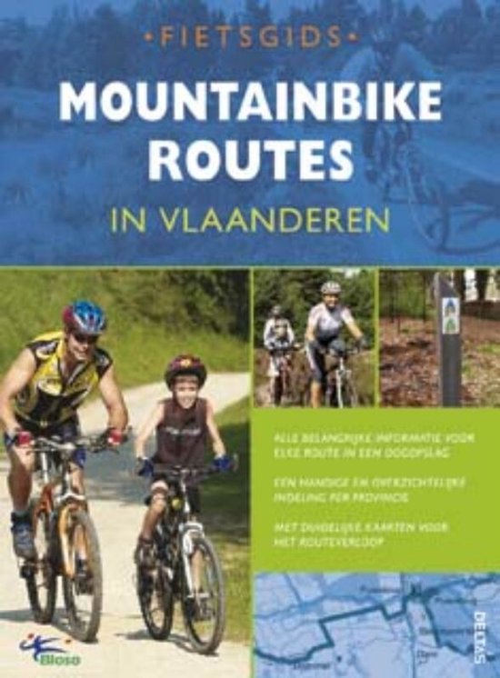 Boekomslag 'Fietsgids Mountainbike routes in Vlaanderen' met man en jongen op fietsen.