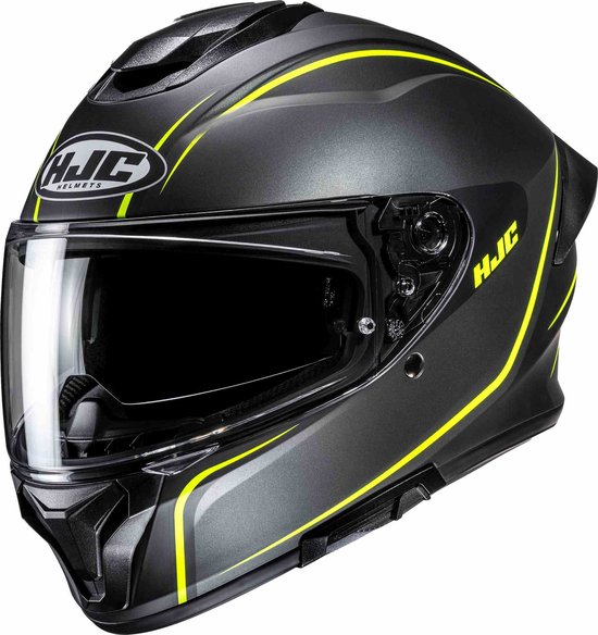 Grijze motorhelm met gele accenten en HJC logo.