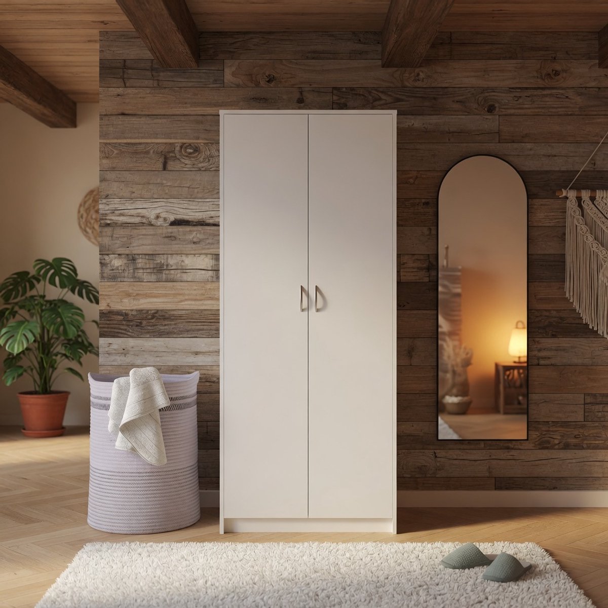 Multifunctionele Kledingkast 74x35x180 cm – Smalle Opbergkast met 8 Vakken – Archiefkast, Huishoudkast & Organizer – Wit Hout – Voor Slaapkamer, Hal, Kantoor en Kelder Mobili Bella