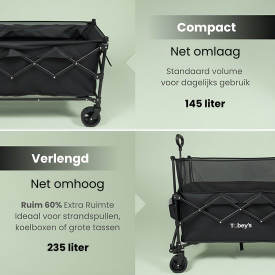 Tobey's Bolderkar - 235L - Verlengbaar XL - 120 KG Draagkracht - Meesturende Afneembare Wielen - Bolderwagen Opvouwbaar - Zwart van Merkloos — afbeelding 3