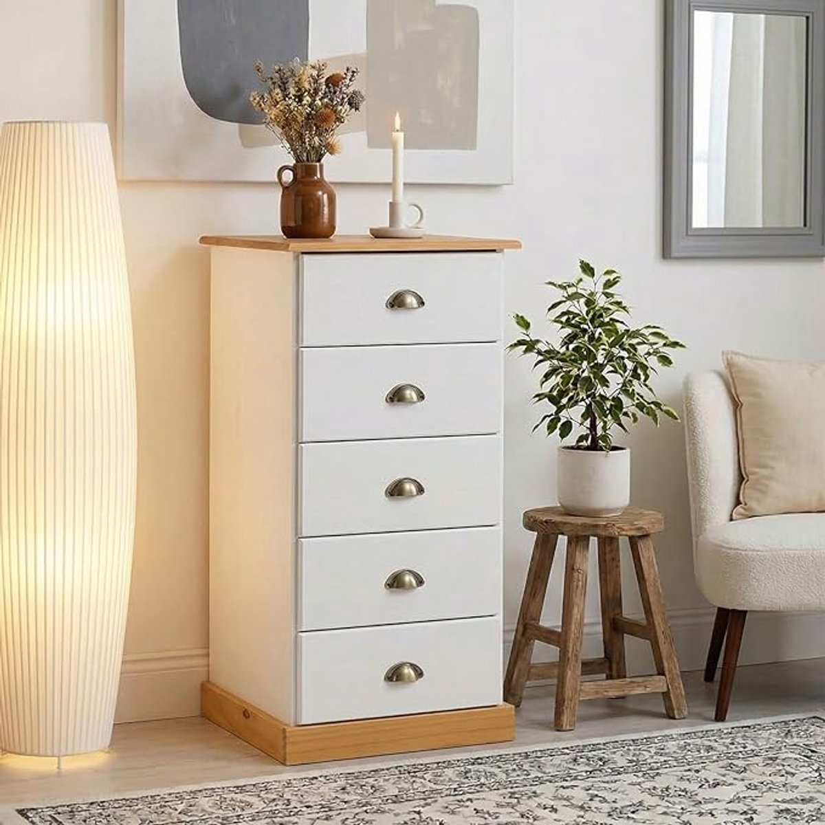 Landelijke Massief Grenen Commode met 5 Laden Wit/Bruin – Smalle Opbergkast voor Slaapkamer en Hal - Mobili Bella