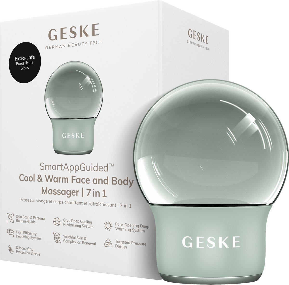 GESKE SmartAppGuided™ Cool & Warm Face & Body Massager | 7 in 1 | Multifunctioneel massageapparaat | Gezicht & Lichaam | Batterijloos koelen en warmen | Verstevigt en ontspant | Bolvormig