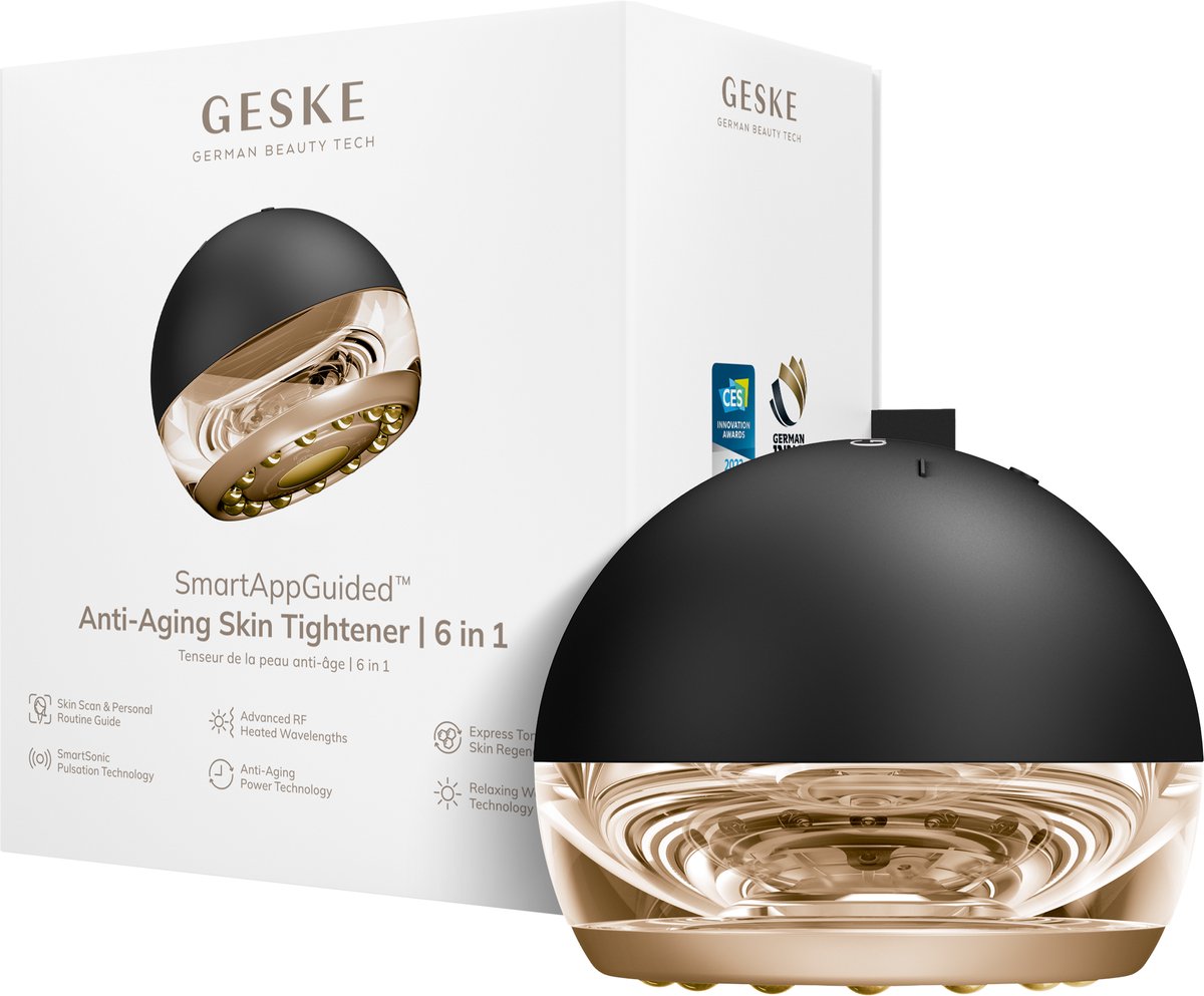GESKE SmartAppGuided™ Anti-Aging Skin Tightener | 6 in 1 | Geavanceerde Anti-Aging | Radiofrequente Huidverstrakking | Huidvernieuwing met SmartSonic Pulsaties & Warming Technology
