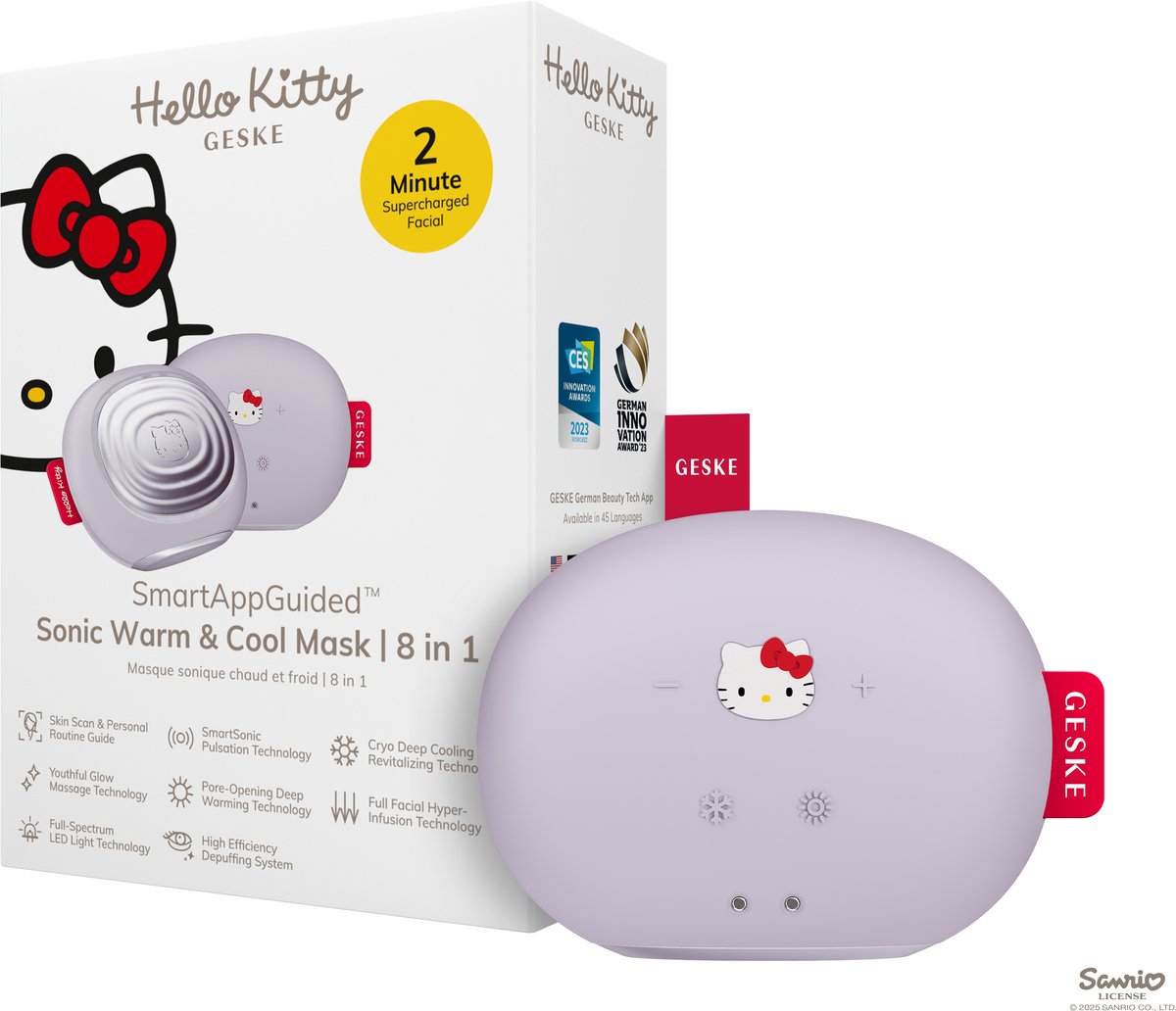 GESKE x Hello Kitty | SmartAppGuided™ Sonic Warm & Cool Mask | 8 in 1 | Beauty LED-gezichtsmasker | Roodlichttherapie | Warmte | Koeling | Betere gezichtsverzorging | Gezichtsmassager
