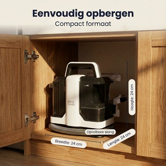 Een witte en zwarte vlekkenreiniger opgeborgen in een houten kast. "Eenvoudig opbergen. Compact formaat."