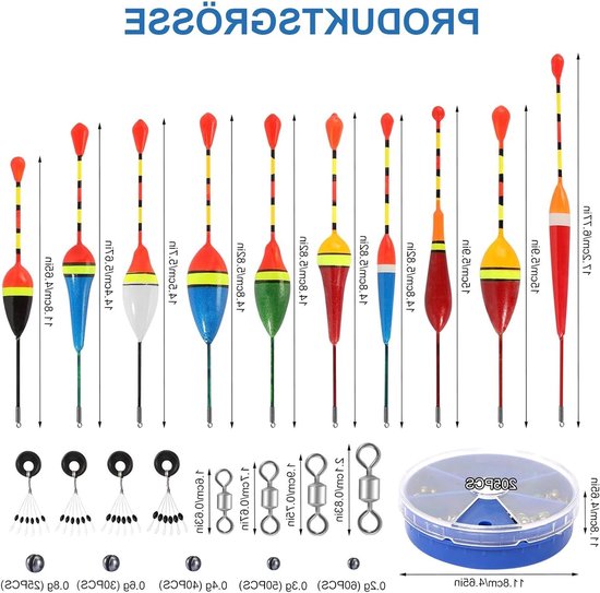 Vissersfloat set met 10 dobbers, 4 rubberen stoppers, 4 twist clips en 205 loodgewichten voor diverse vistechnieken van Merkloos — afbeelding 5