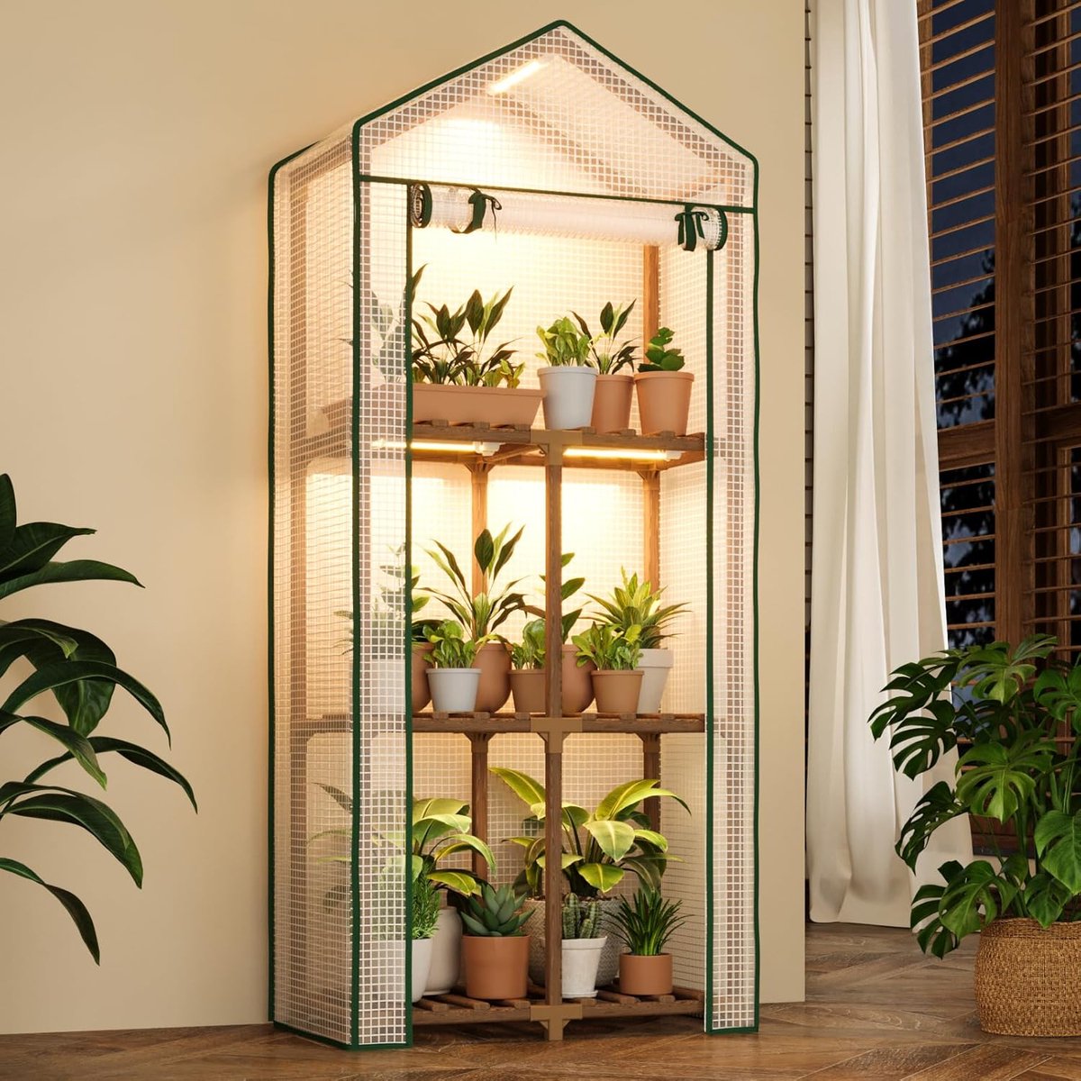 Mini Kas met Groeiverlichting - Plantenrek - 3-Laags - Kweekkas met Groeilampen - Draagbaar Warmtehuis - PE Deksel - Compacte Kas voor Binnen & Buiten - Terras & Balkon - Boho Decoratie - Herbruikbaar - Kweekrek voor Potplanten - Hout