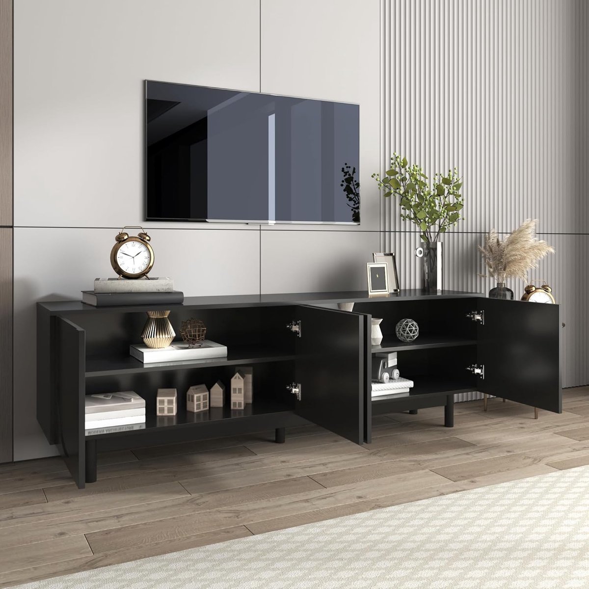 Noir Onyx Luxe TV-Dressoir met 4 Push-to-Open Deuren & Verstelbare Planken (Zwart, 170cm)