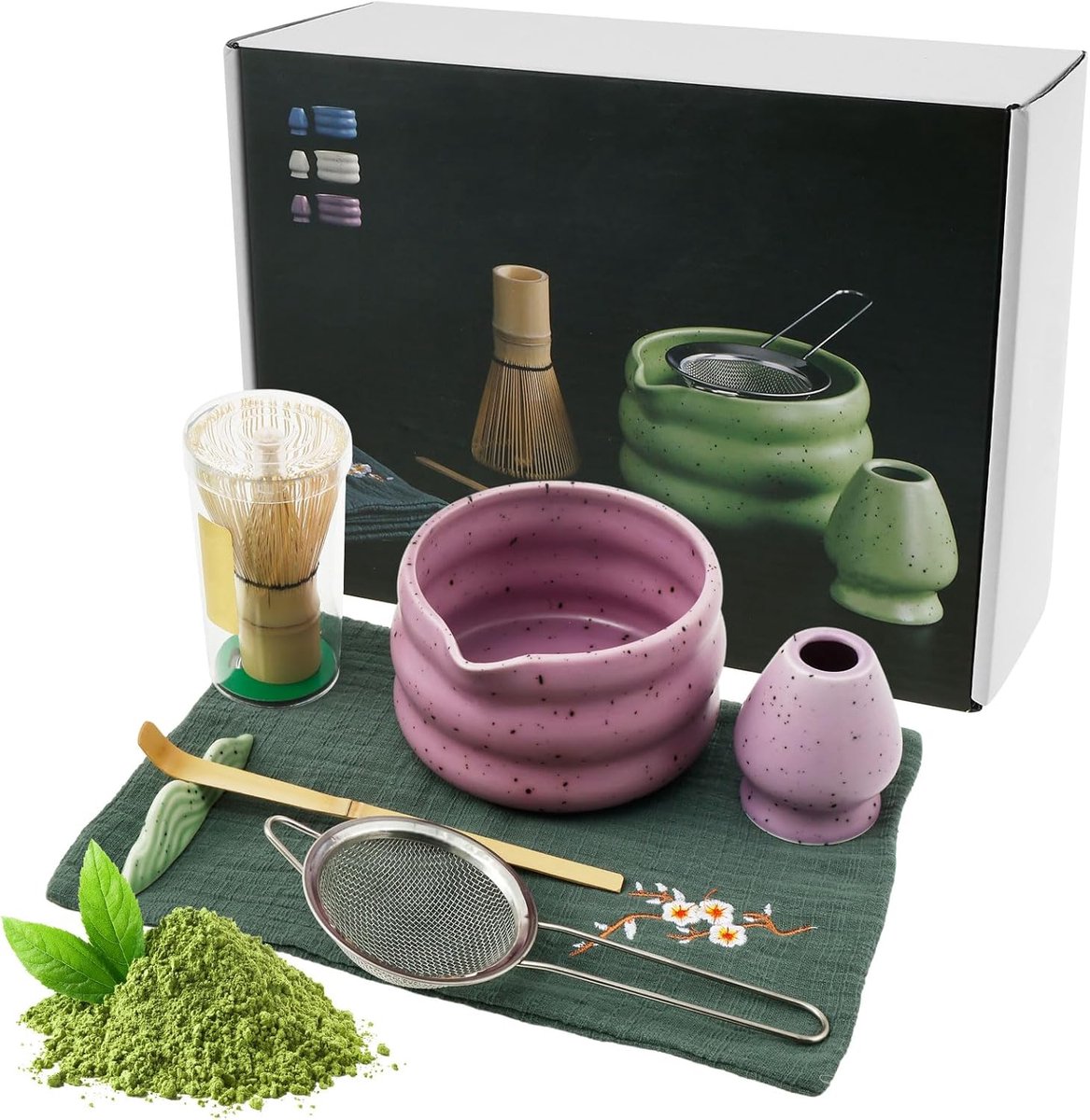 Complete Matcha Thee Set 7 Delig - Keramische Kom, Bamboo Whisk, Zeef en Meer - Paars