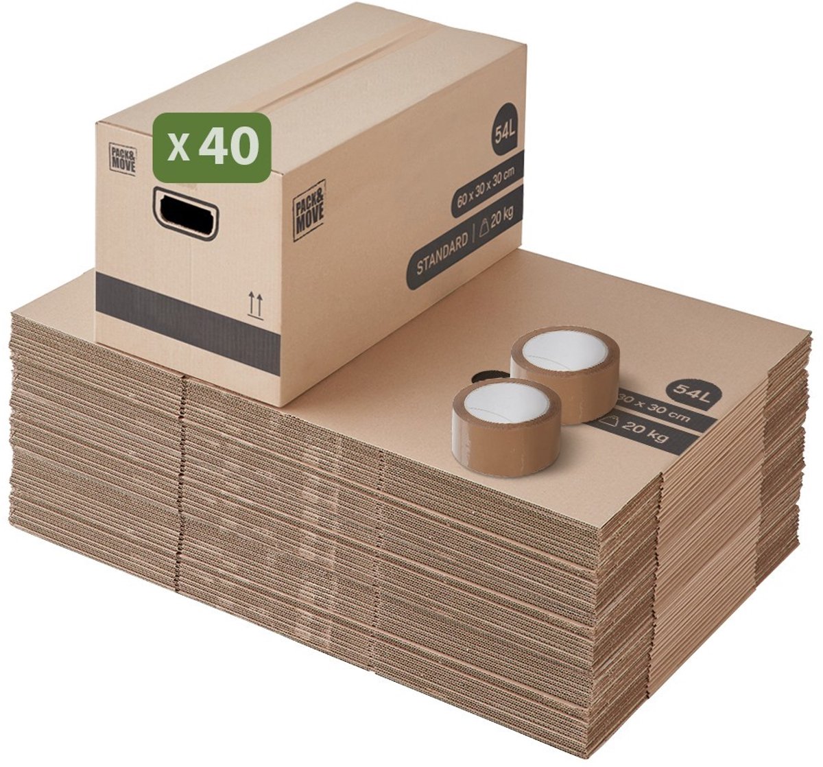 Pack and Move - Set 40 verhuisdozen opslag standaard - 60 x 30 x 30 cm - Versterkte handgrepen - 2 tapes gratis