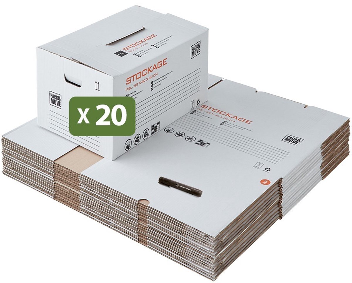 Pack and Move - Set 20 opbergdozen - 55 x 30 x 30 cm - Versterkte handgrepen - 1 marker gratis