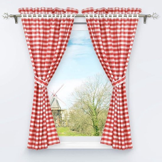 Set van 2 geperforeerde verduisteringsgordijnen met 2 embrassen, ruitpatroon, rode raamdecoratie, hoogte/breedte 120/80 cm