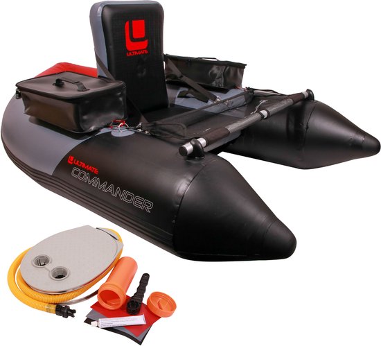 Grijze en zwarte 'Commander' bellyboat met rode accenten, zitje en opbergvakken, met bijbehorende pomp en plakkit.